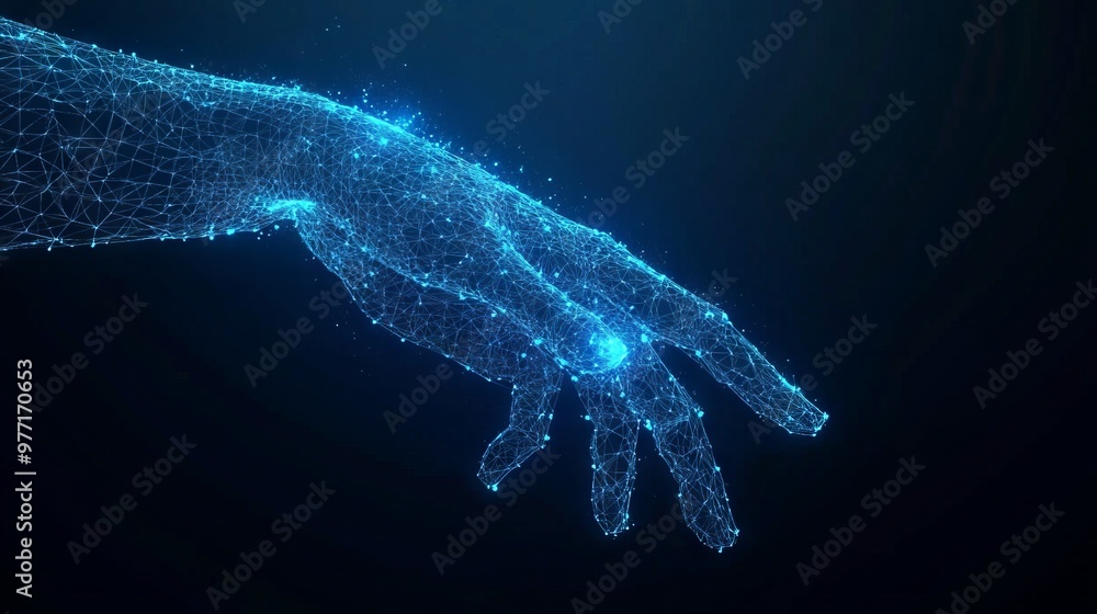 Poster 3d hand with index finger pressing or pushing button. action or gesture concept in dark blue backgro
