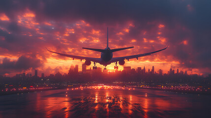 “A Plane Taking Off from an Airport Runway at Sunset with Stunning Colors in the Sky”
