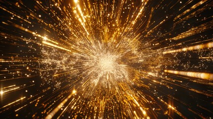 Golden Explosion. Abstract Particles Background With Glittering Effects. Fast Flying Speed Of Light.