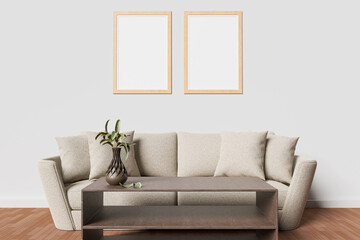 Wooden frame and blank white Poster for mockup plus perfect sofa and flowers