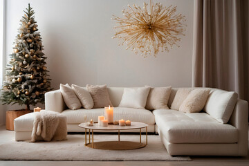 New year tree and christmas decoration in cosy light living room with sofa. AI generated.	