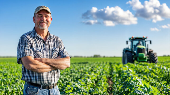 agriculteur maraicher posant fi&egrave;rement dans son champ devant son tracteur