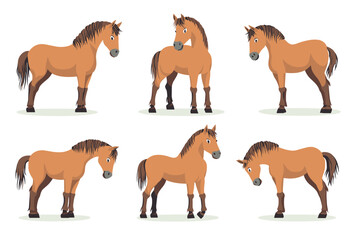 Horse poses. Wild horses walking or gallop running pose, arabian mare farm animal hoof gait trotter run grazing thoroughbred, set cartoon ingenious vector illustration of animal wild stallion design