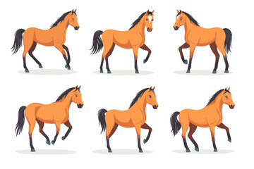 Horse poses. Wild horses walking or gallop running pose, arabian mare farm animal hoof gait trotter run grazing thoroughbred, set cartoon ingenious vector illustration of animal wild stallion design