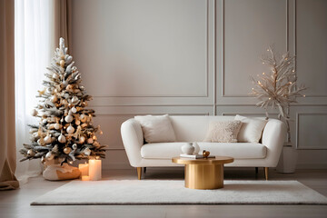 New year tree and christmas decoration in cosy light living room with sofa. AI generated.	