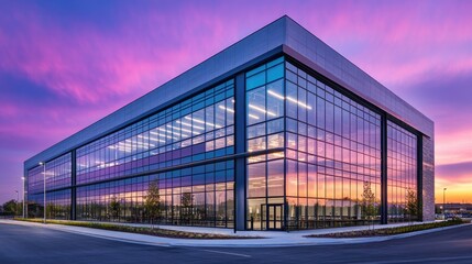 Fototapeta premium A sleek industrial building at dusk, with glass and metal elements reflecting the vibrant hues of a sunset,