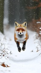 A red fox leaps through the air in a snowy forest, its bright eyes fixed on the camera. The snow falls softly around it.