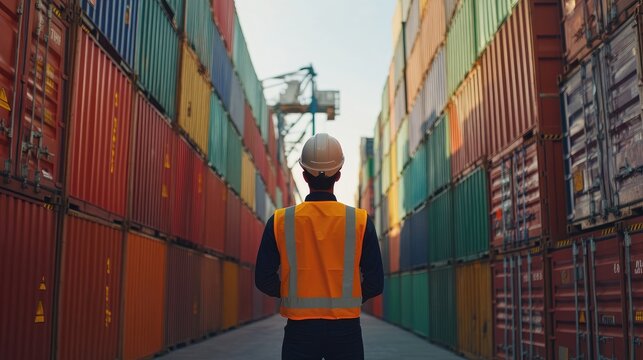 Back view of a logistics coordinator ensuring stock container in a brightly port