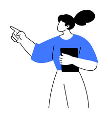 A woman with black hair in a ponytail wearing a blue shirt points while holding a book. Ideal for presentations, teaching, education, guidance, and training themes. Perfect for vector art projects.