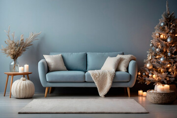 New year tree and christmas decoration in cosy light living room with sofa. AI generated.	