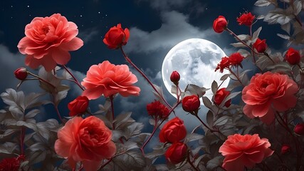 A dramatic, oversized, bright grayscale full moon, radiating an intense luminescence, occupies the majority of the night sky, set against a stunning backdrop of vibrant, velvety red flowers with delic