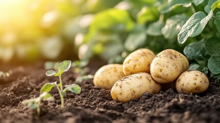 Ripe potatoes lying in fertile soil amid green leaves, backlit by warm natural light, portraying the richness of agricultural produce and the hard work of farming.