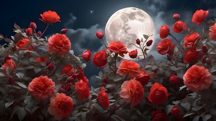 A dramatic, oversized, bright grayscale full moon, radiating an intense luminescence, occupies the majority of the night sky, set against a stunning backdrop of vibrant, velvety red flowers with delic
