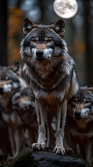 Obraz premium A pack of wolves stands together in the forest, looking fierce under the light of the full moon.