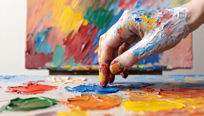 Obraz premium Close up of paint covered fingers smearing thick oil paint on canvas, showcasing vibrant colors and artistic expression. creative process is evident in texture and hues