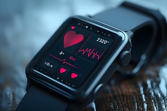 Smartwatch displaying heart rate and health data on a wooden table