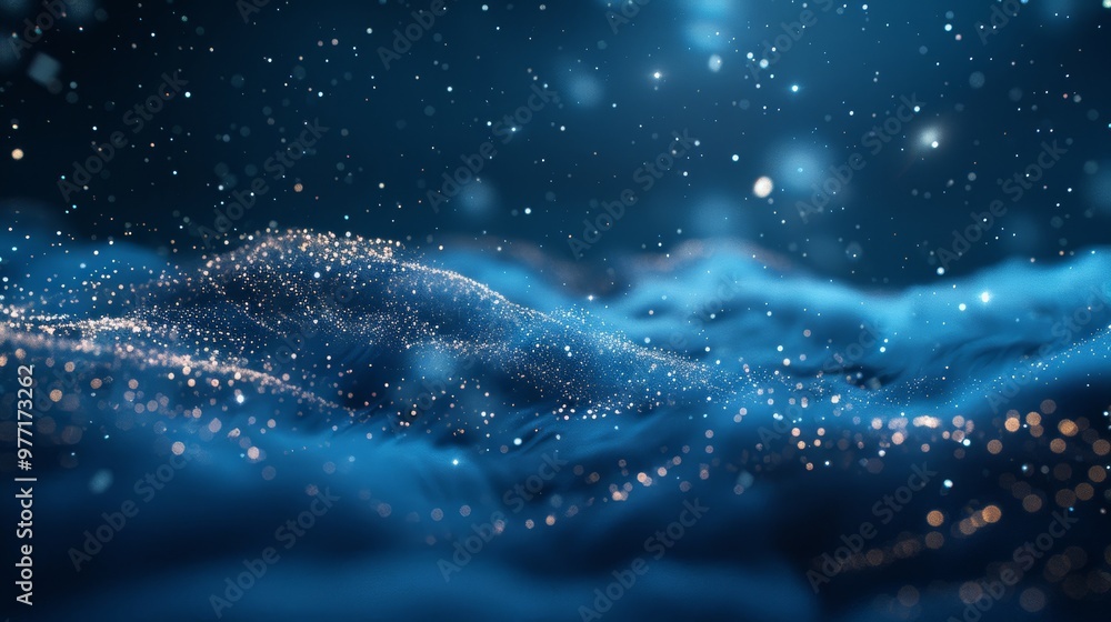 Poster Abstract Sparkling Blue Wavy Landscape With Depth Of Field And Glittering Particles Background