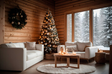 Christmas interior with a sofa, candles and Christmas tree. 3d render. AI generated