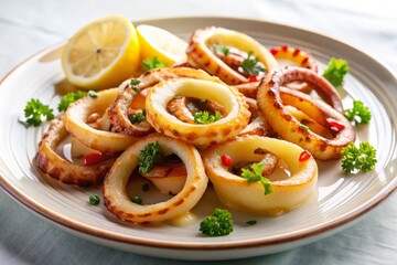 Freshly grilled squid rings bursting with juicy flavor, plated on crisp white background to highlight tender texture.