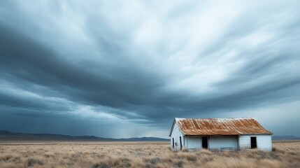 A weathered white house with a rusted tin roof stands in a field under a dramatic, dark cloudy sky, creating a contrast between the sky and the open land, evoking solitude.