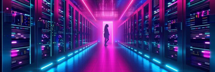 Fototapeta premium Woman in Tech Silhouette Walking Through Neon-Lit Server Room with Modern Data Storage