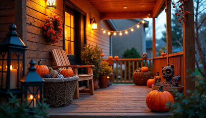 Obraz premium Cozy suburban porch decorated for Halloween with pumpkins, lanterns, and string lights, capturing the festive spirit and warm ambiance.