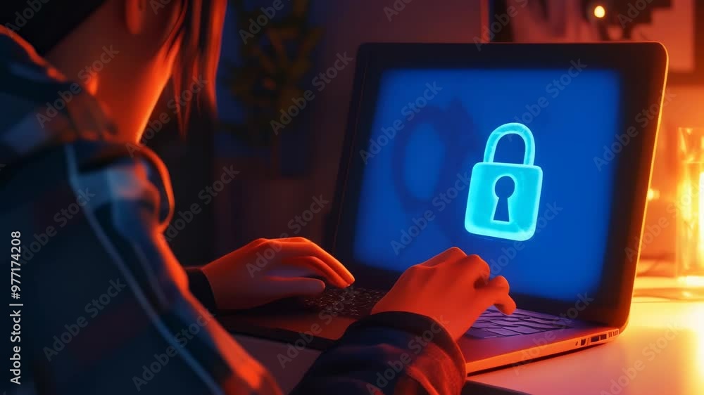 Aufkleber laptop displaying a glowing cybersecurity lock icon, emphasizing digital security within business op