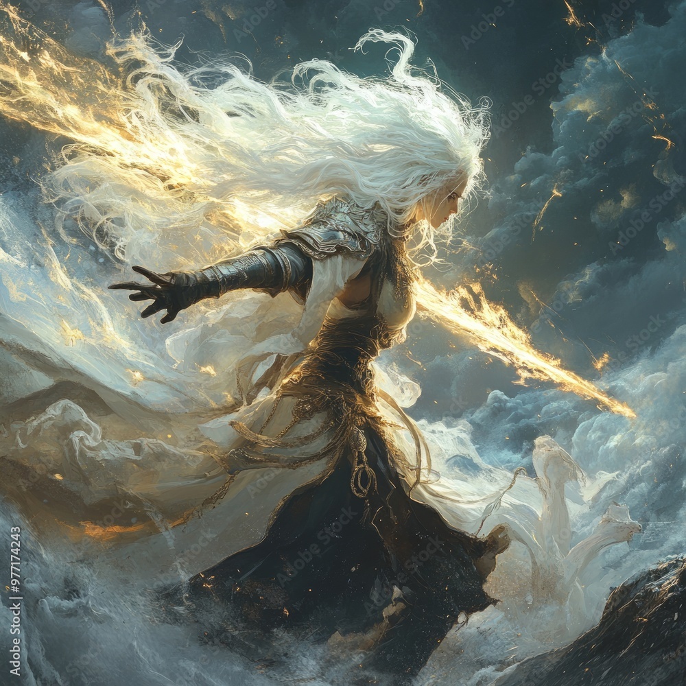 Wall mural A mystical figure conjuring fire amidst turbulent skies.