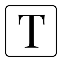 Bold black letter T centered in a white square with a black border. Ideal for typography, font design, educational materials, minimalist designs, and signage.