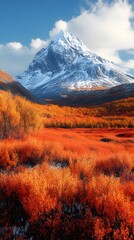 A majestic snow-capped mountain peak towers over a vibrant field of autumn foliage, creating a breathtaking contrast of colors.