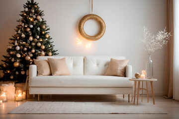 New year tree and christmas decoration in cosy light living room with sofa. AI generated.	
