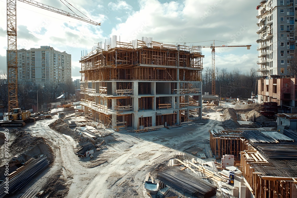 Poster construction site with partially built structure on a cloudy day
