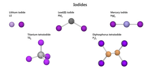 set of Iodides of lithium, lead, mercury, titanium and phosphorus. 3d illustration. Isolated on white background.