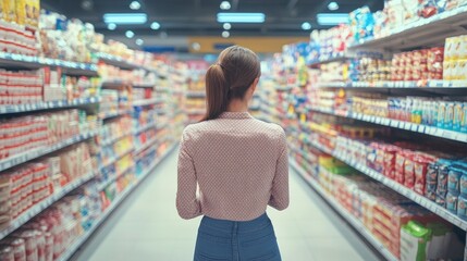 Back view of a salesperson checking goods in a bright supermarket 