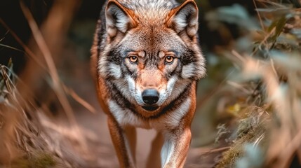 Fototapeta premium A wolf is staring at the camera with its mouth open. The image has a moody and mysterious feel to it, as the wolf is partially hidden by the grass and the camera is positioned to capture its face
