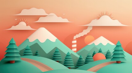 Create a vibrant illustration of biomass energy production from sustainable sources like forest residues.