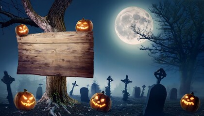 Rough Wooden Party Sign Standing Amid a Creepy Graveyard Surrounded by Glowing Jack O Lanterns and Flickering Candlelight Graphic Art Illustration
