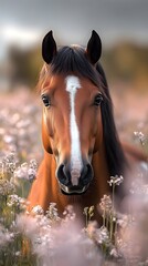 Fototapeta premium A beautiful brown horse with a white stripe down its face stands in a field of wildflowers, looking directly at the camera.