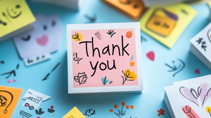 Handwritten  Thank You  Note with Floral on Sticky Notes