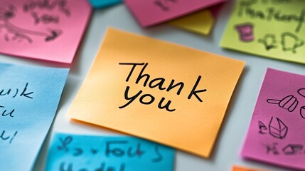 Handwritten Thank You Note on Colorful Papers on Work Desk