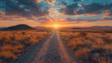 Breathtaking sunrise horizon on a rural gravel path with golden grassy plains and distant mountainous backdrop under a vivid, colorful sky