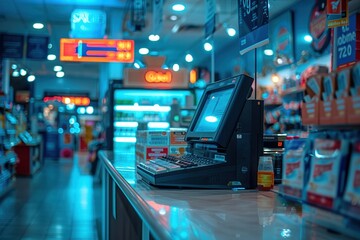 Fototapeta premium A brightly lit pharmacy with vibrant signage and an array of products, featuring a modern point-of-sale terminal at the counter