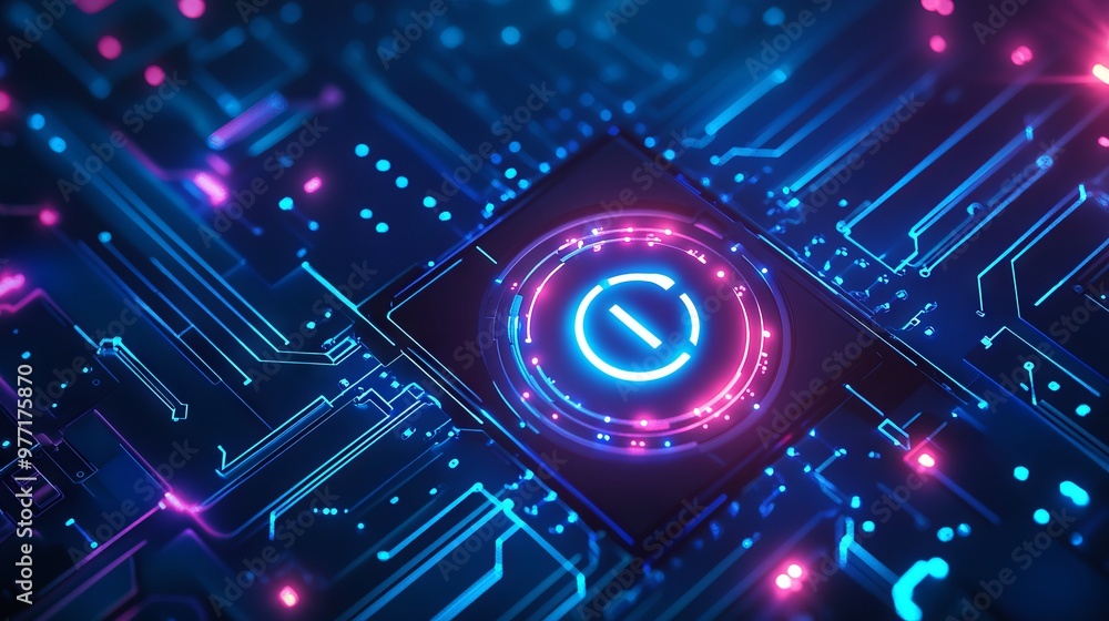 Poster a power button on a digital semiconductor. ai chip with power icon or symbol as bright glowing pixel