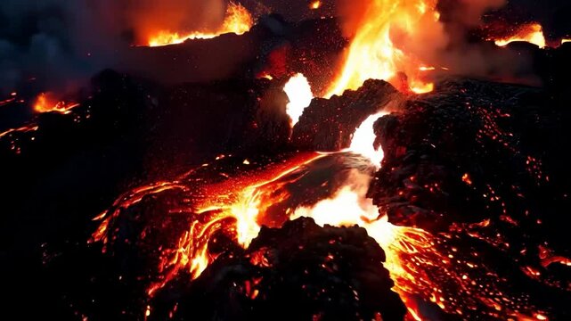 The crater is erupting, smoke, lava, Apocalyptic volcanic landscape with hot flowing lava and smoke and ash clouds.
