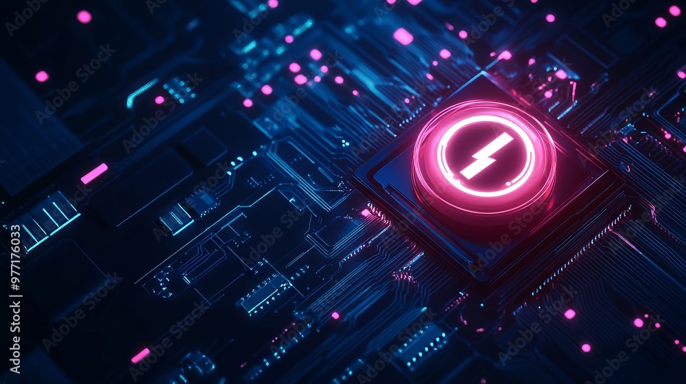 Poster a power button on a digital semiconductor. ai chip with power icon or symbol as bright glowing pixel