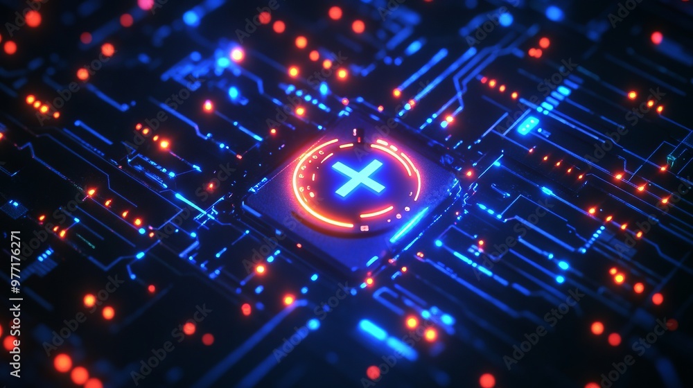 Poster a power button on a digital semiconductor. ai chip with power icon or symbol as bright glowing pixel