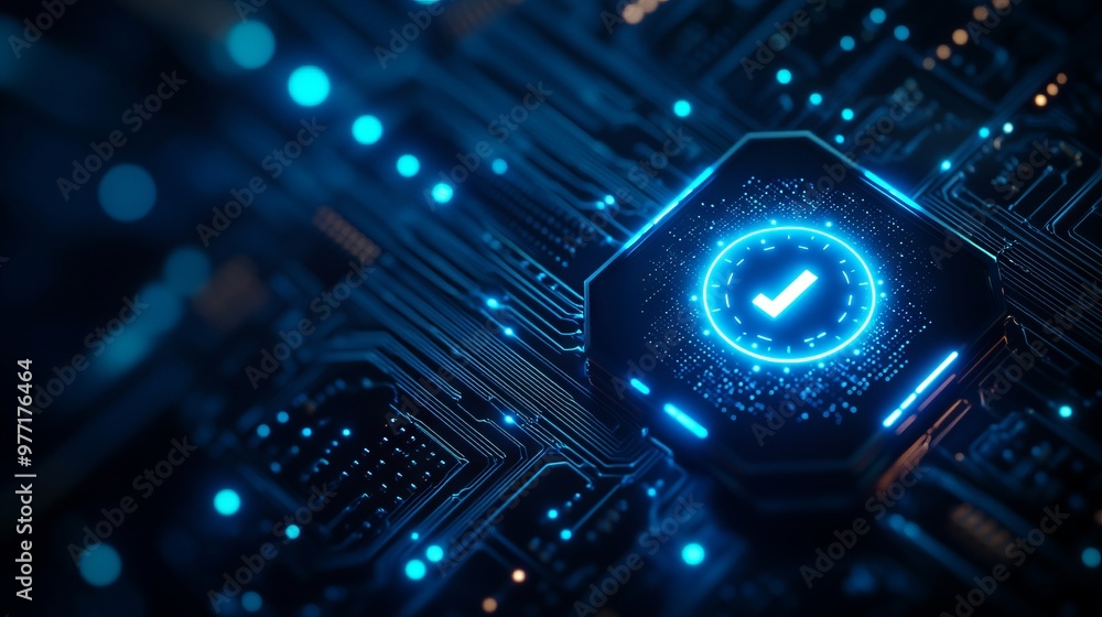 Poster a power button on a digital semiconductor. ai chip with power icon or symbol as bright glowing pixel