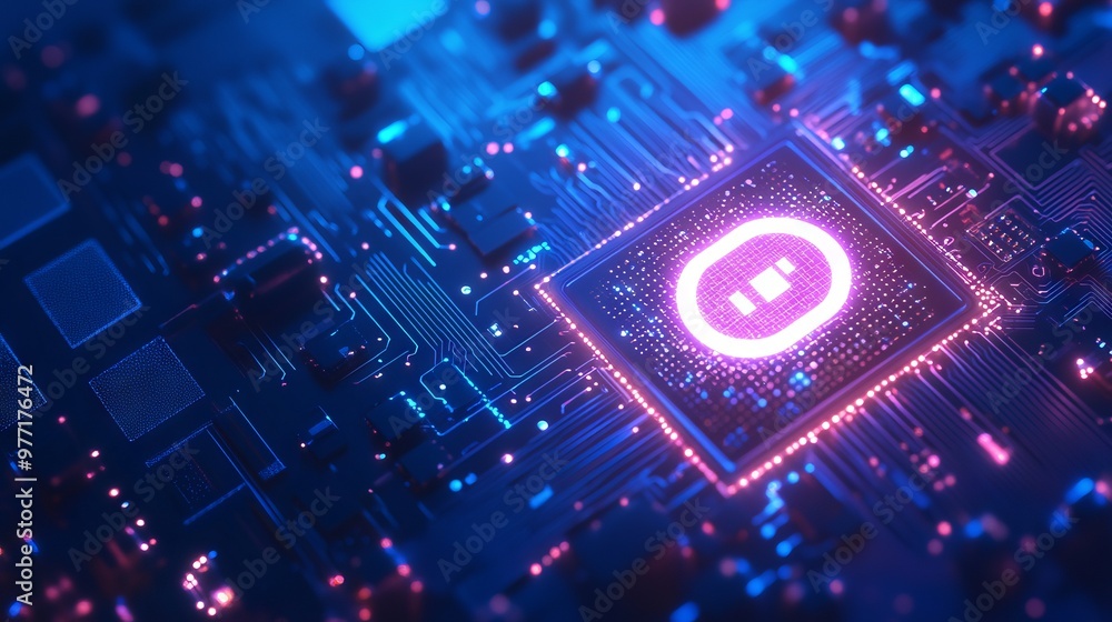 Poster a power button on a digital semiconductor. ai chip with power icon or symbol as bright glowing pixel