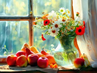 Still life image flowers in a vase and fruits, imitation oil painting.