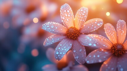 Fototapeta premium Dew-Kissed Flowers in Morning Sunlight with Space for Text